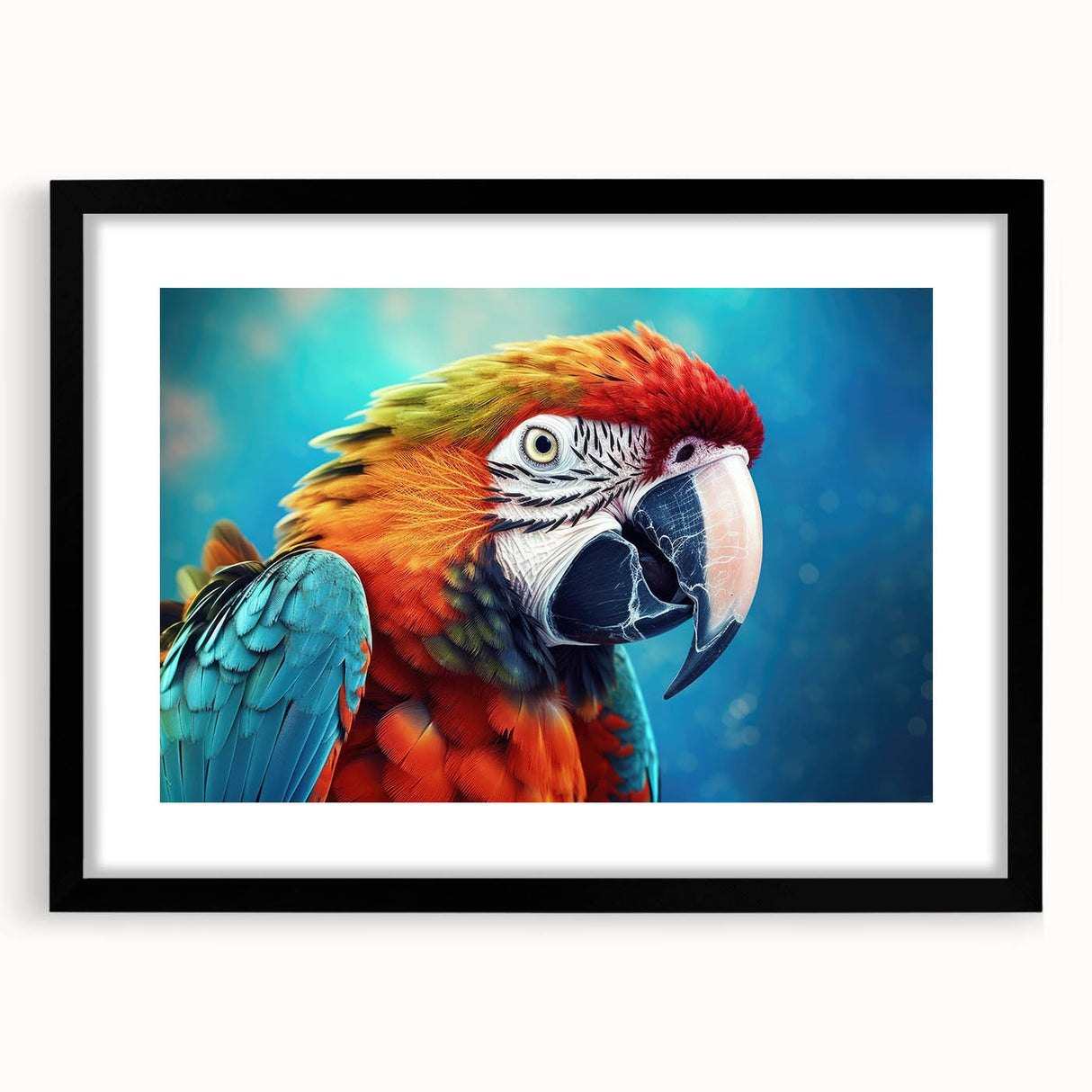 Framed wall art showcasing a vibrant parrot design, featuring rich colors and intricate details, set in a sleek black frame with a mat for a modern touch. Perfect for enhancing home decor or art collections.