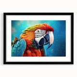 Framed wall art showcasing a vibrant parrot design, featuring rich colors and intricate details, set in a sleek black frame with a mat for a modern touch. Perfect for enhancing home decor or art collections.