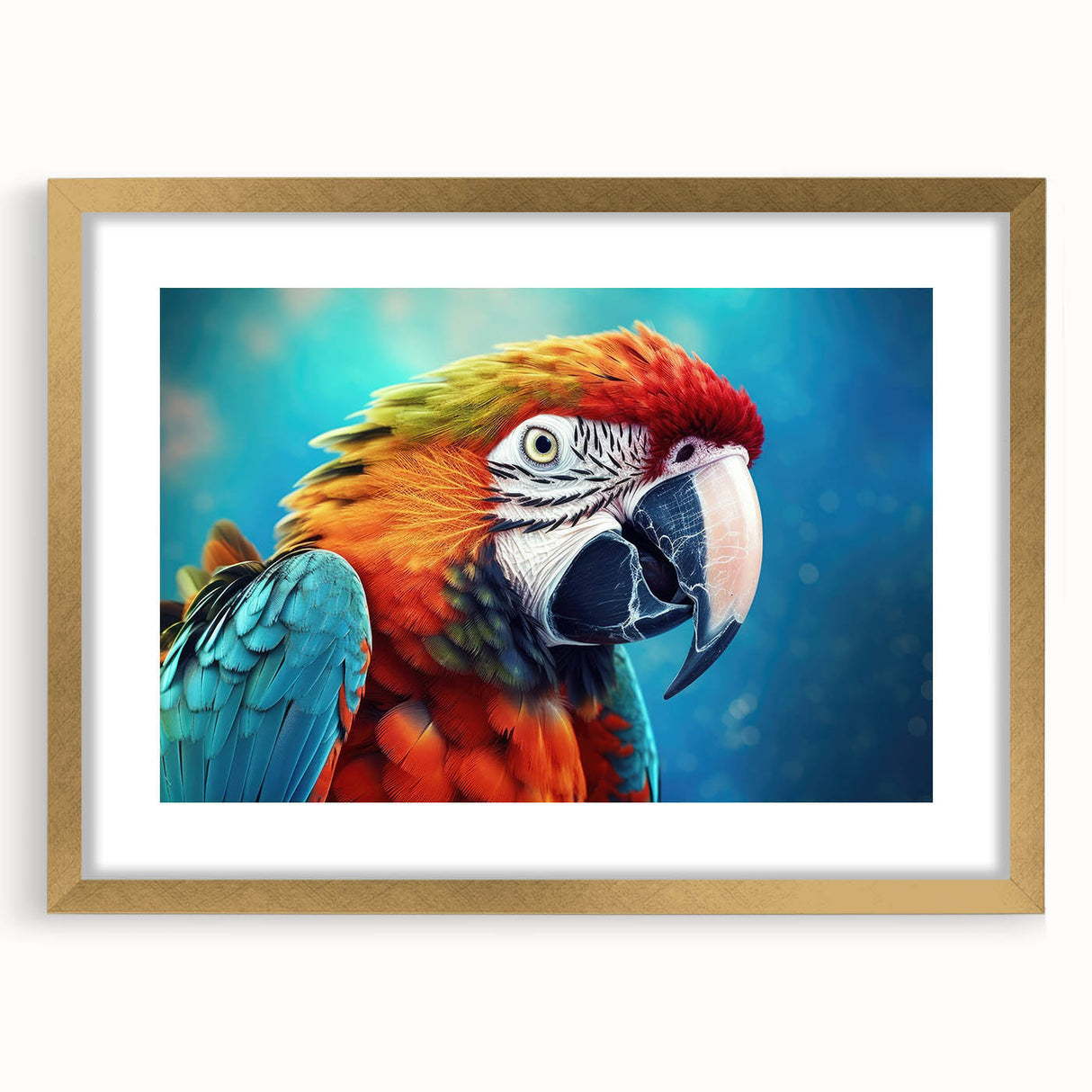 Framed wall art showcasing a vibrant collection of colorful parrots, elegantly displayed with a gold mat, perfect for adding a tropical touch to any decor.