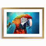 Framed wall art showcasing a vibrant collection of colorful parrots, elegantly displayed with a gold mat, perfect for adding a tropical touch to any decor.