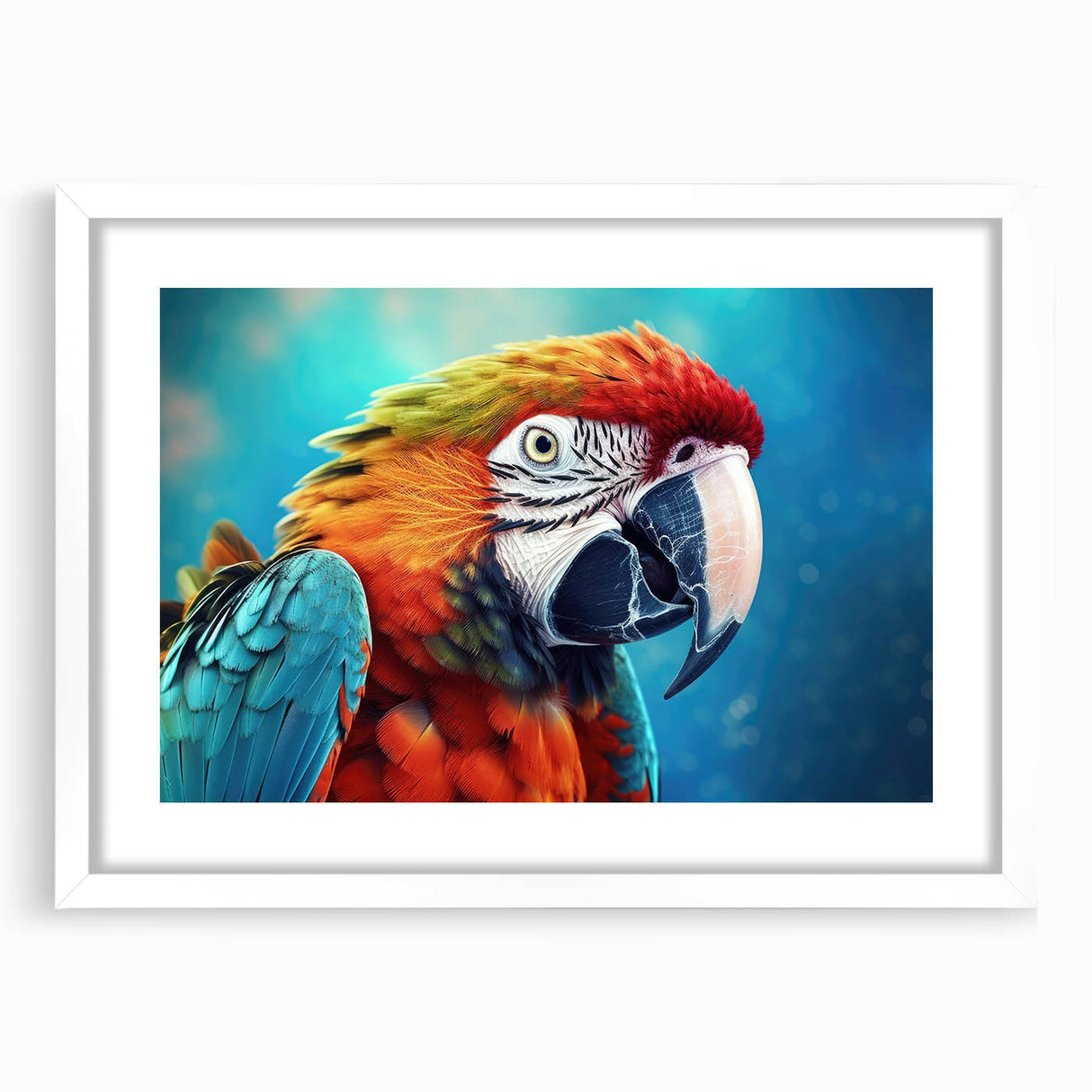 Framed wall art featuring a vibrant collection of colorful parrots, set against a white mat background, ideal for adding a lively touch to home decor.