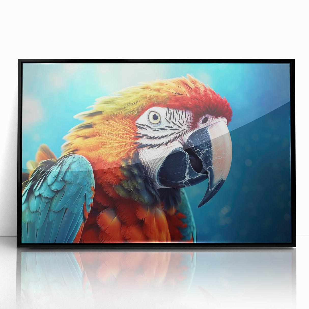 Framed wall art featuring a vibrant parrot design, showcasing colorful birds against a black background, perfect for adding a tropical touch to any decor.