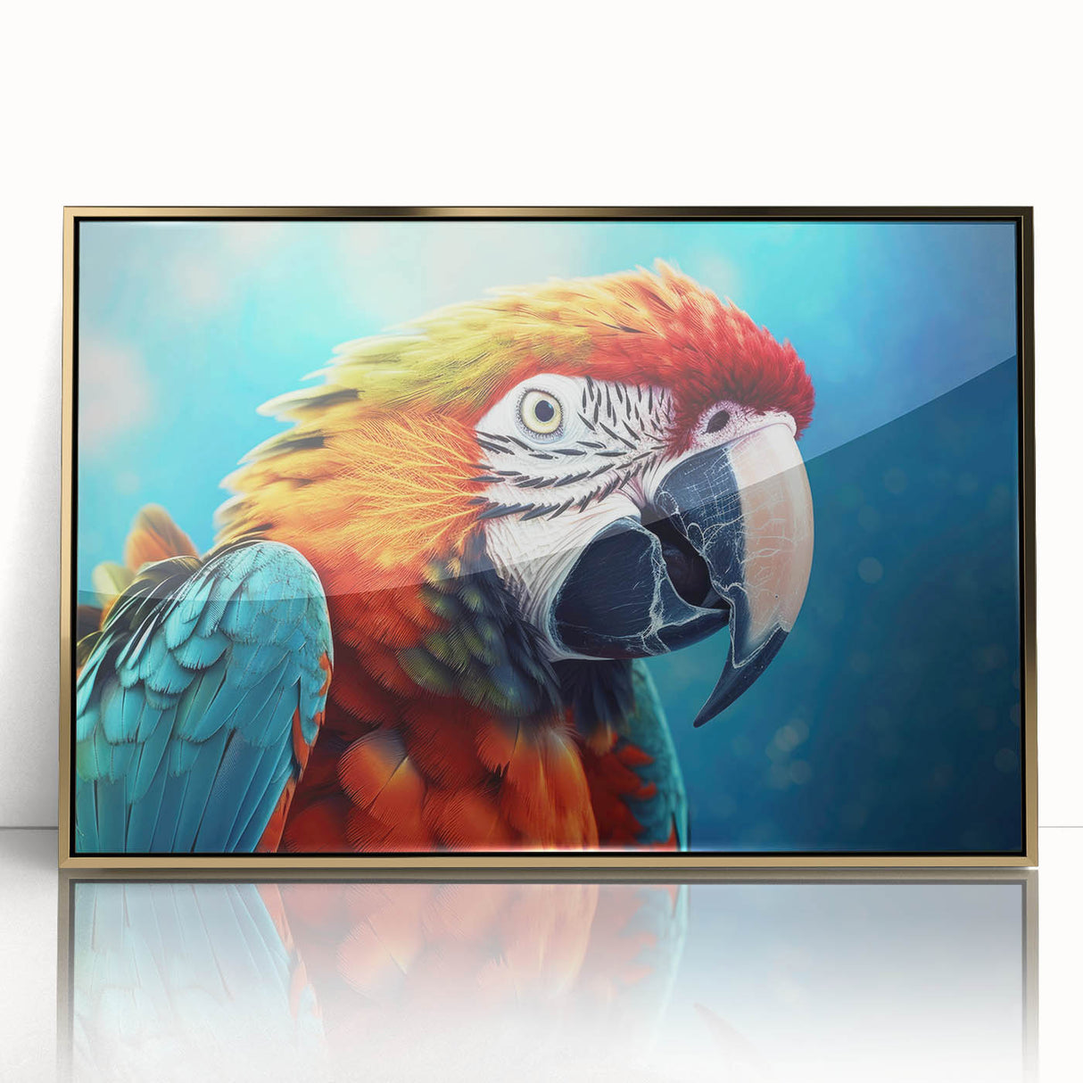 Framed wall art featuring a vibrant parrot design in acrylic, set against a gold background, showcasing colorful birds perched on branches, ideal for brightening home decor.