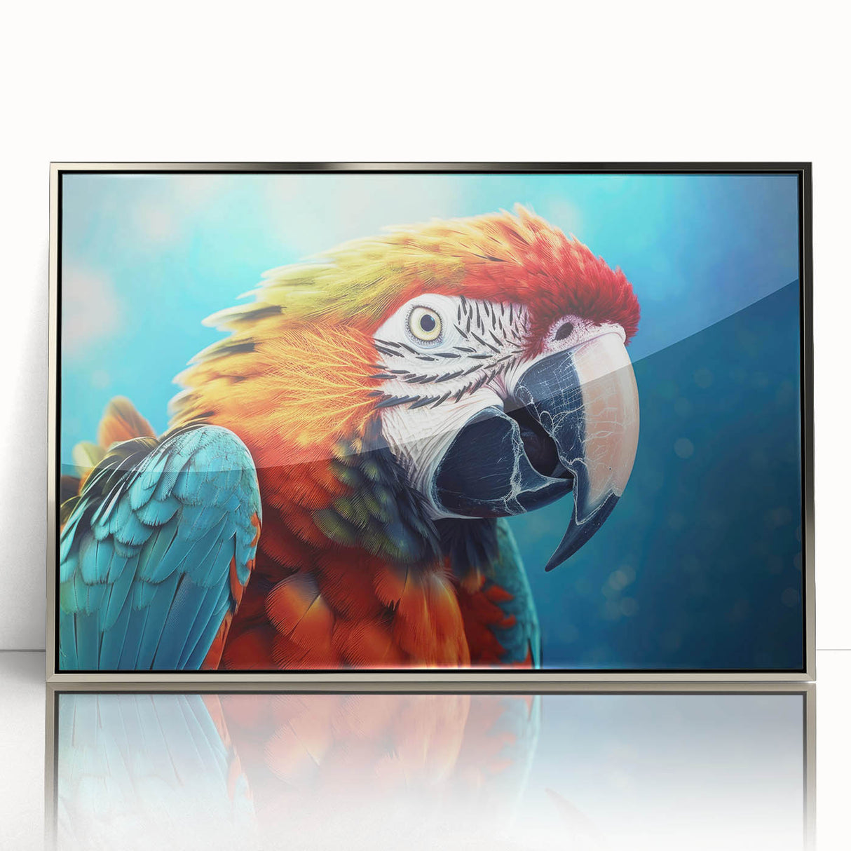 Framed wall art featuring a vibrant collection of parrot designs in an acrylic finish, showcasing colorful birds against a silver background, perfect for home decor.