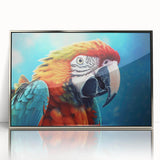 Framed wall art featuring a vibrant collection of parrot designs in an acrylic finish, showcasing colorful birds against a silver background, perfect for home decor.