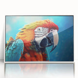 Framed wall art featuring a vibrant collection of colorful parrots against a white background, showcasing intricate details and lively hues, ideal for bird lovers.