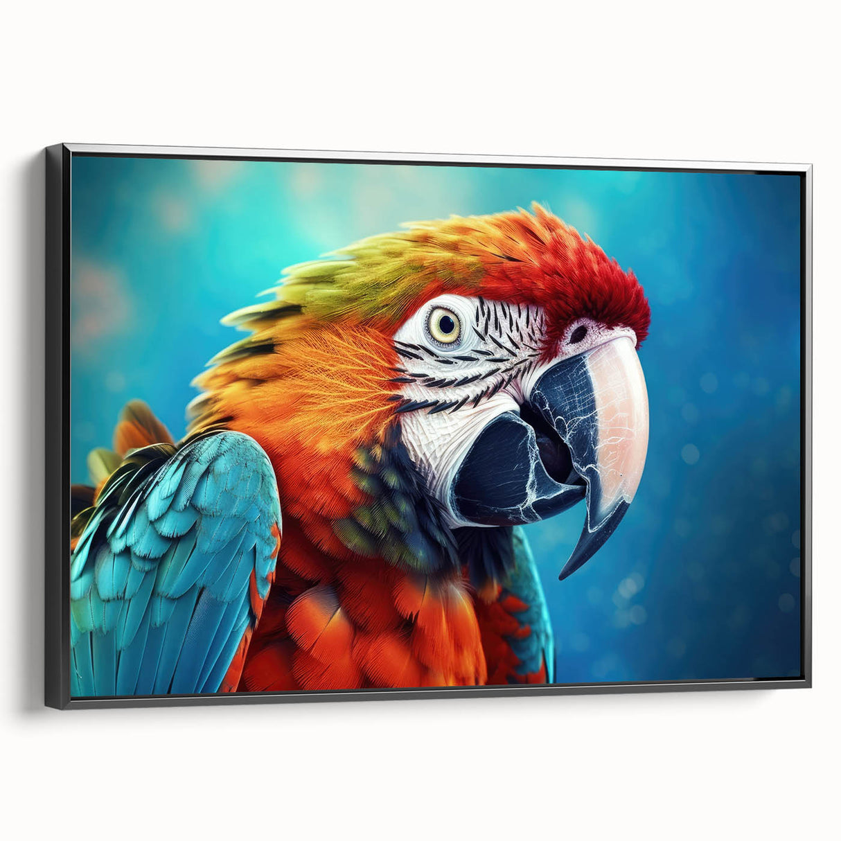 Framed canvas wall art featuring a vibrant parrot design in a black frame, showcasing colorful birds against a white background, perfect for home decor.