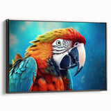 Framed canvas wall art featuring a vibrant parrot design in a black frame, showcasing colorful birds against a white background, perfect for home decor.