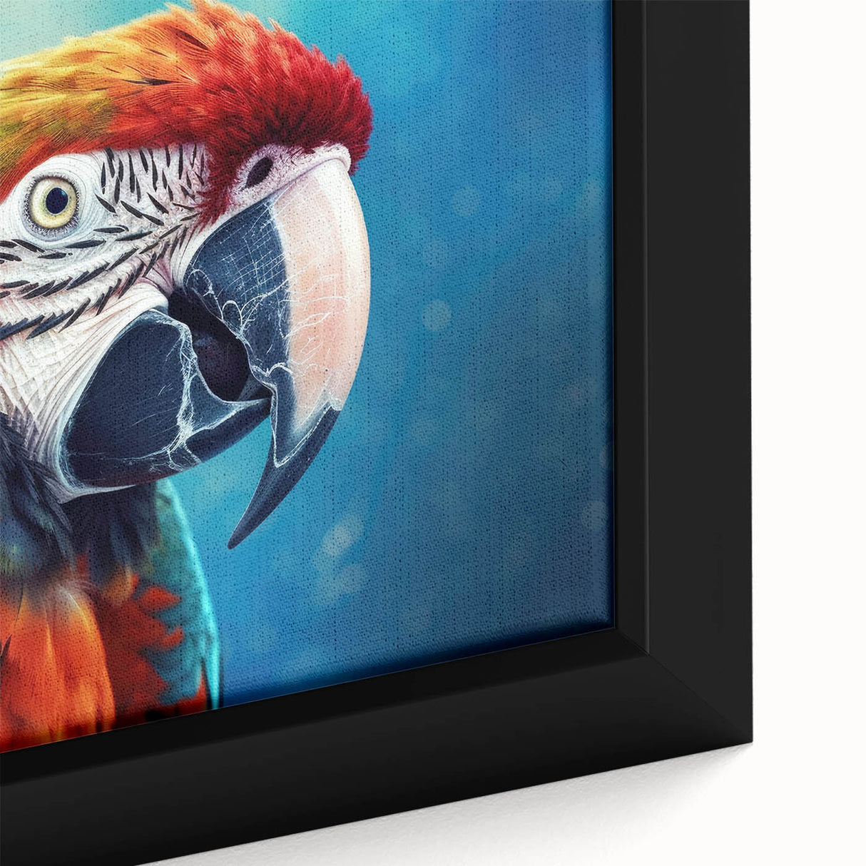 Close-up of a vibrant, framed canvas featuring a colorful parrot design, showcasing intricate details and rich hues of green, blue, and yellow in a modern home decor setting.