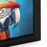 Close-up of a vibrant, framed canvas featuring a colorful parrot design, showcasing intricate details and rich hues of green, blue, and yellow in a modern home decor setting.