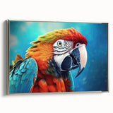Framed canvas wall art featuring vibrant parrot designs in a silver frame, showcasing a modern aesthetic ideal for bird lovers and home decor enthusiasts.