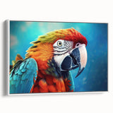 Framed wall art showcasing a vibrant design of colorful parrots perched on branches, set against a white background, perfect for adding a tropical touch to any room.