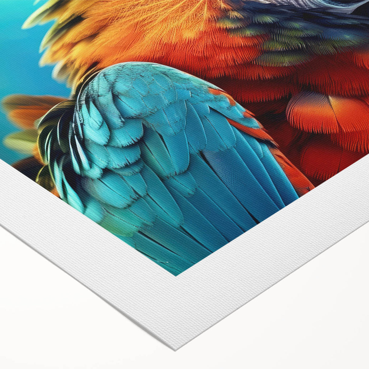 Vibrant wall art design showcasing colorful parrots on a rolled canvas, ideal for home decor. The artwork features intricate details and a lively composition that enhances any space.