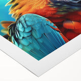 Vibrant wall art design showcasing colorful parrots on a rolled canvas, ideal for home decor. The artwork features intricate details and a lively composition that enhances any space.