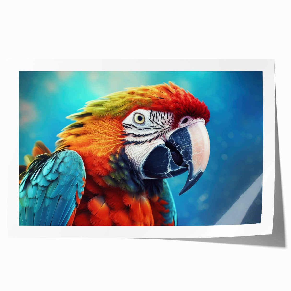 Vibrant rolled print featuring colorful parrots against a lush tropical backdrop, perfect for enhancing home décor with a lively and exotic touch.