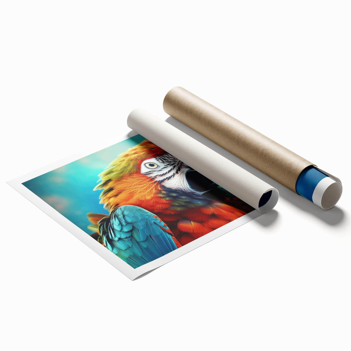 Vibrant rolled print showcasing a colorful parrot design, perfect for home decor, featuring detailed illustrations against a neutral background. Ideal for nature lovers and bird enthusiasts.