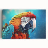 Stretched canvas wall art featuring a vibrant parrot design with striking colors, perfect for adding a tropical touch to home decor. Ideal for bird lovers.