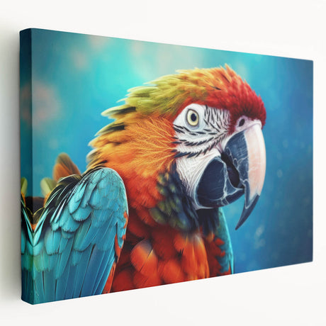 Colorful wall art featuring a vibrant design of tropical parrots against a lush green background, printed on stretched canvas for a lively home decor accent.