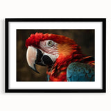 Framed wall art featuring a vibrant parrots design, showcasing colorful birds perched on branches, set in a sleek black frame with a mat, perfect for home decor.
