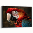 Framed canvas wall art showcasing a vibrant design of colorful parrots perched on branches, featuring a sleek black frame and side view display for stylish decor.