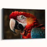 Framed canvas wall art showcasing a vibrant design of colorful parrots perched on branches, featuring a sleek black frame and side view display for stylish decor.