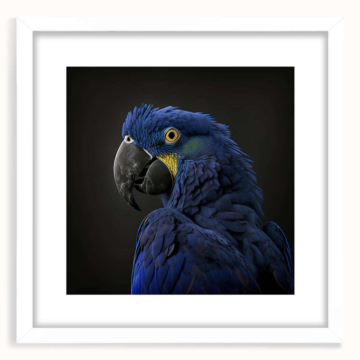 Elegant wall art display featuring a collection of colorful parrot designs framed with a white mat, showcasing vibrant hues and intricate details, perfect for enhancing home decor.