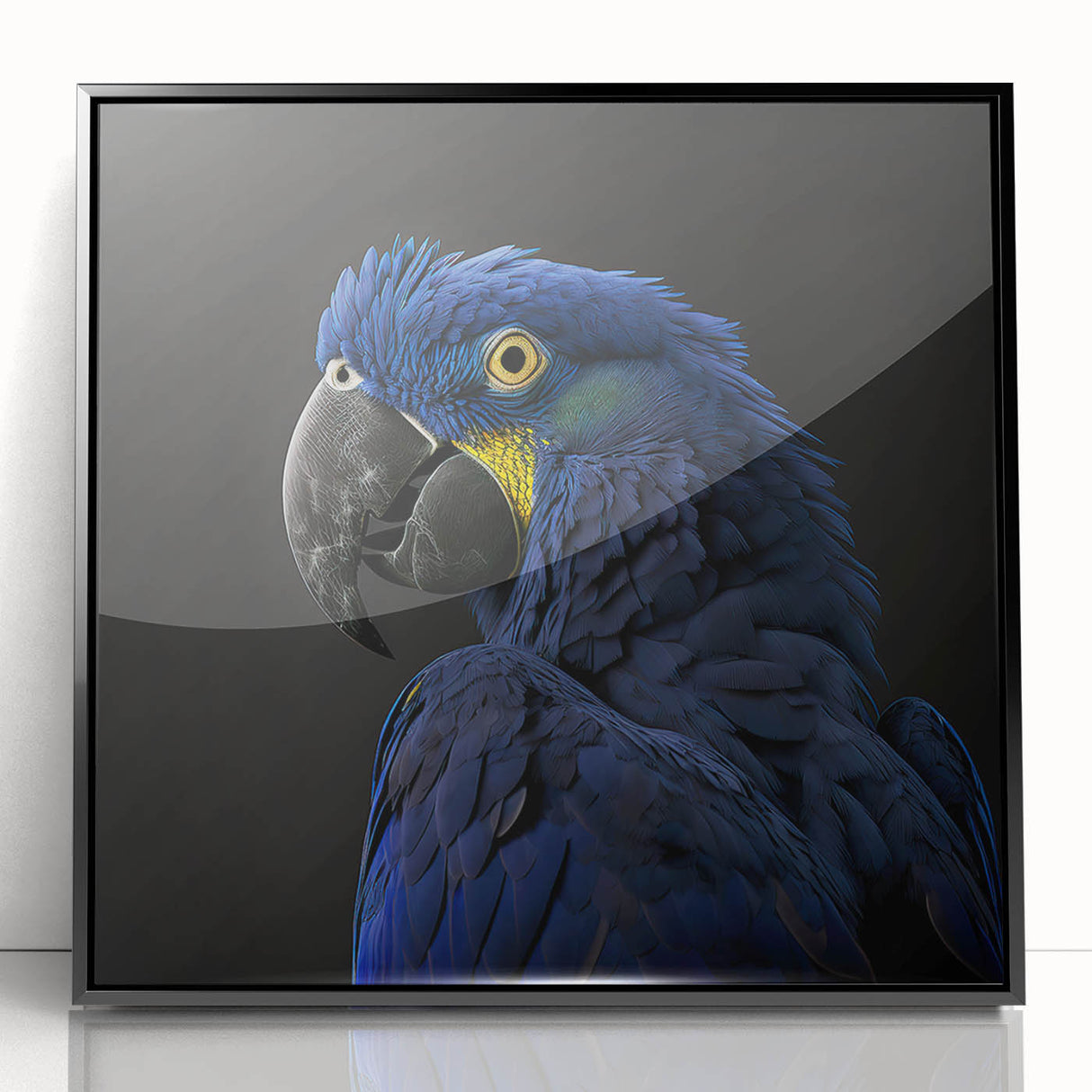 Framed wall art featuring a vibrant design of colorful parrots on a black background, showcasing intricate details and textures, perfect for bird lovers and home decor enthusiasts.