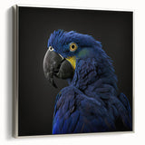 Framed wall art featuring a vibrant collection of parrot designs on textured canvas, showcasing colorful birds perched among tropical foliage, with a sleek silver frame.