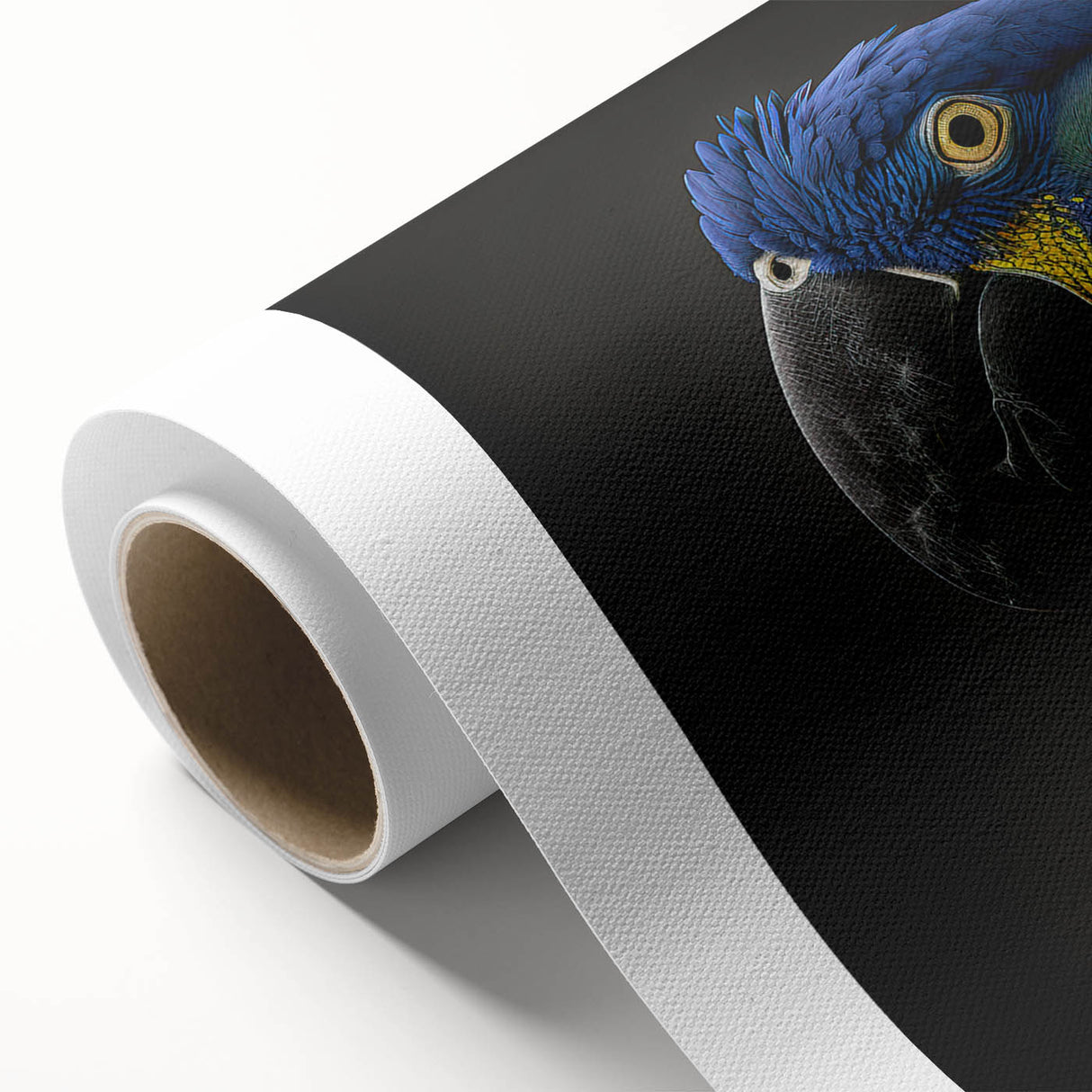 Vibrant rolled canvas showcasing a colorful collection of parrot designs in a tropical setting, ideal for bird lovers and home decor enthusiasts.