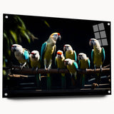 Colorful acrylic glass wall art featuring a vibrant parrot design, displayed from the side with visible mounting pins, perfect for adding a tropical touch to any room.