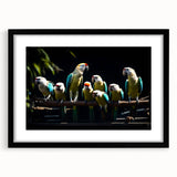 Framed wall art featuring a vibrant parrot design, showcasing colorful tropical birds against a black background, perfect for enhancing home decor.