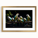 Vibrant wall art featuring a detailed parrot design in a gold frame, accented with a white mat, ideal for enhancing home decor with a tropical touch.