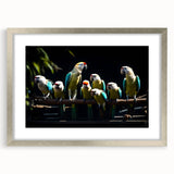 Framed wall art showcasing a vibrant parrot design in a silver frame with a mat, perfect for adding a tropical touch to any decor.