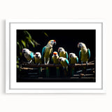 Framed wall art featuring a vibrant parrot design, showcasing colorful birds on a white background with a mat finish, perfect for home decor.