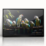 Framed wall art showcasing a vibrant design of colorful parrots against a black background, perfect for adding a tropical flair to any room.