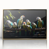 Framed wall art featuring a vibrant design of colorful parrots on a gold-accented background, perfect for adding a touch of tropical elegance to any room.