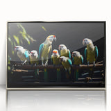 Framed wall art design showcasing vibrant tropical parrots in a lush green setting, featuring silver acrylic framing for a modern touch, ideal for home decor.