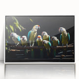 Framed wall art featuring a vibrant parrot design in bright colors, showcasing intricate details and a modern white frame, perfect for bird lovers’ decor.