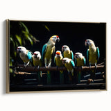 Framed wall art featuring a vibrant design of colorful parrots, set against a gold background, showcasing a side view of the artwork's intricate details.