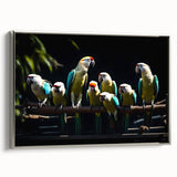 Framed canvas artwork showcasing a vibrant parrot design in vivid colors, elegantly displayed with a silver frame, perfect for enhancing modern home decor.