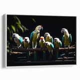 Framed wall art featuring a vibrant parrot design on canvas, showcasing colorful birds in a lush tropical setting, perfect for home decor.