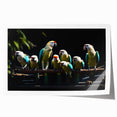 Vibrant wall art print showcasing a colorful collection of parrots perched among lush foliage, perfect for adding a tropical touch to home decor.