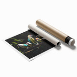 Vibrant wall art print featuring a colorful parrot design, showcasing detailed feather patterns and tropical elements, ideal for home decor or art collection.