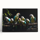Vibrant stretched canvas wall art featuring a colorful collection of parrots against a natural backdrop, ideal for enhancing home decor with a tropical theme.