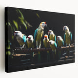 Brightly colored stretched canvas wall art showcasing a detailed design of vibrant parrots among tropical foliage, perfect for enhancing home decor with a lively touch.