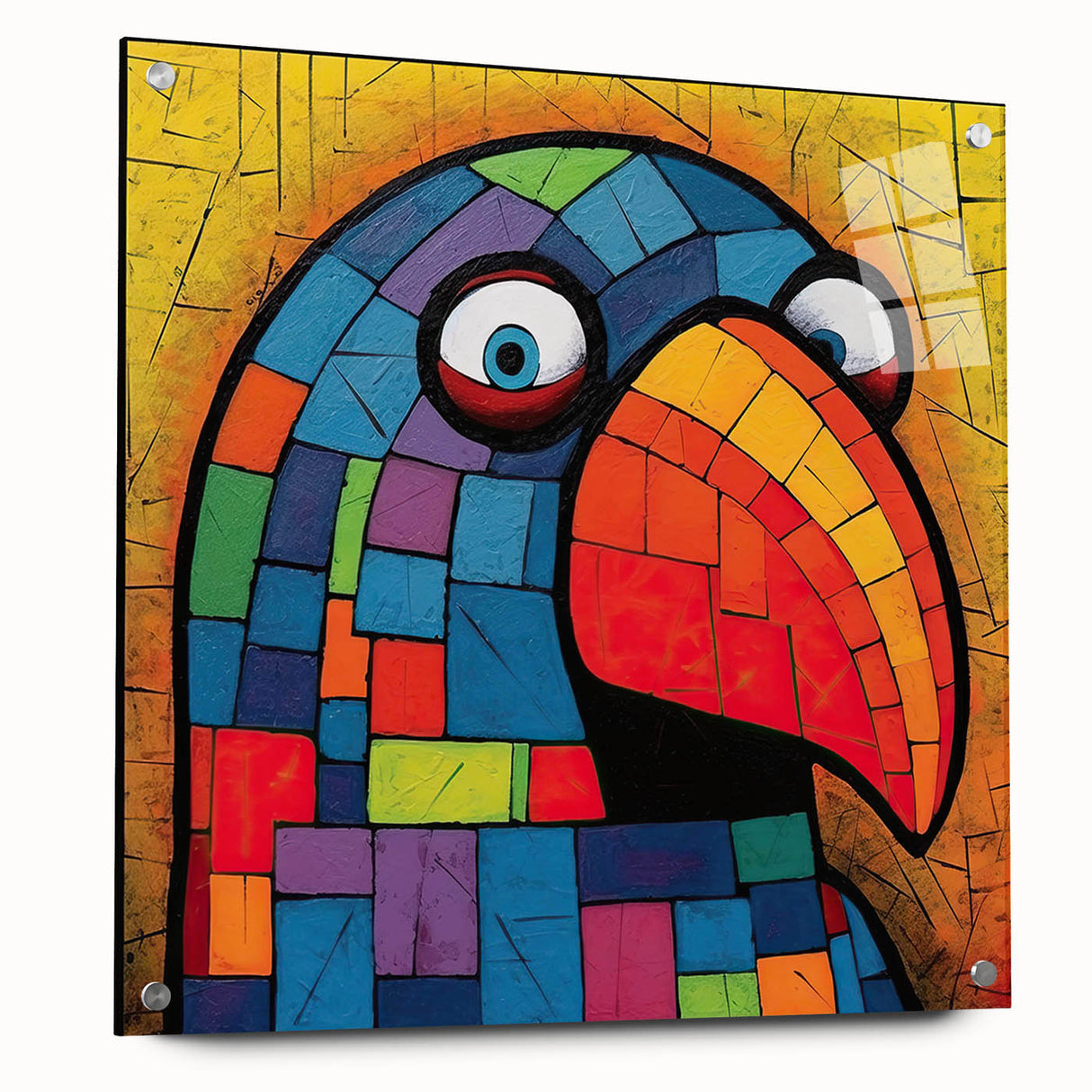 Vibrant acrylic glass wall art collection showcasing a colorful design of various parrots perched on branches, displayed with stylish pins for easy hanging, adding a tropical touch to home decor.