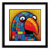 Framed wall art showcasing a vibrant parrot design, featuring a black mat and sleek black frame, perfect for adding a tropical touch to home decor.