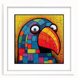 Framed wall art collection showcasing vibrant parrot designs in a white mat, perfect for adding color and nature-inspired decor to any space.