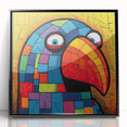 Framed wall art featuring a vibrant collection of parrot illustrations in various colors, set against a black background, perfect for bird lovers and home decor enthusiasts.
