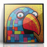 Framed wall art featuring a vibrant collection of parrot illustrations in various colors, set against a black background, perfect for bird lovers and home decor enthusiasts.